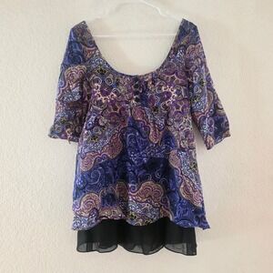 NWT Jenny Han Paisley Print Tunic Top Black Chiffon Layer Black Button Detail‎